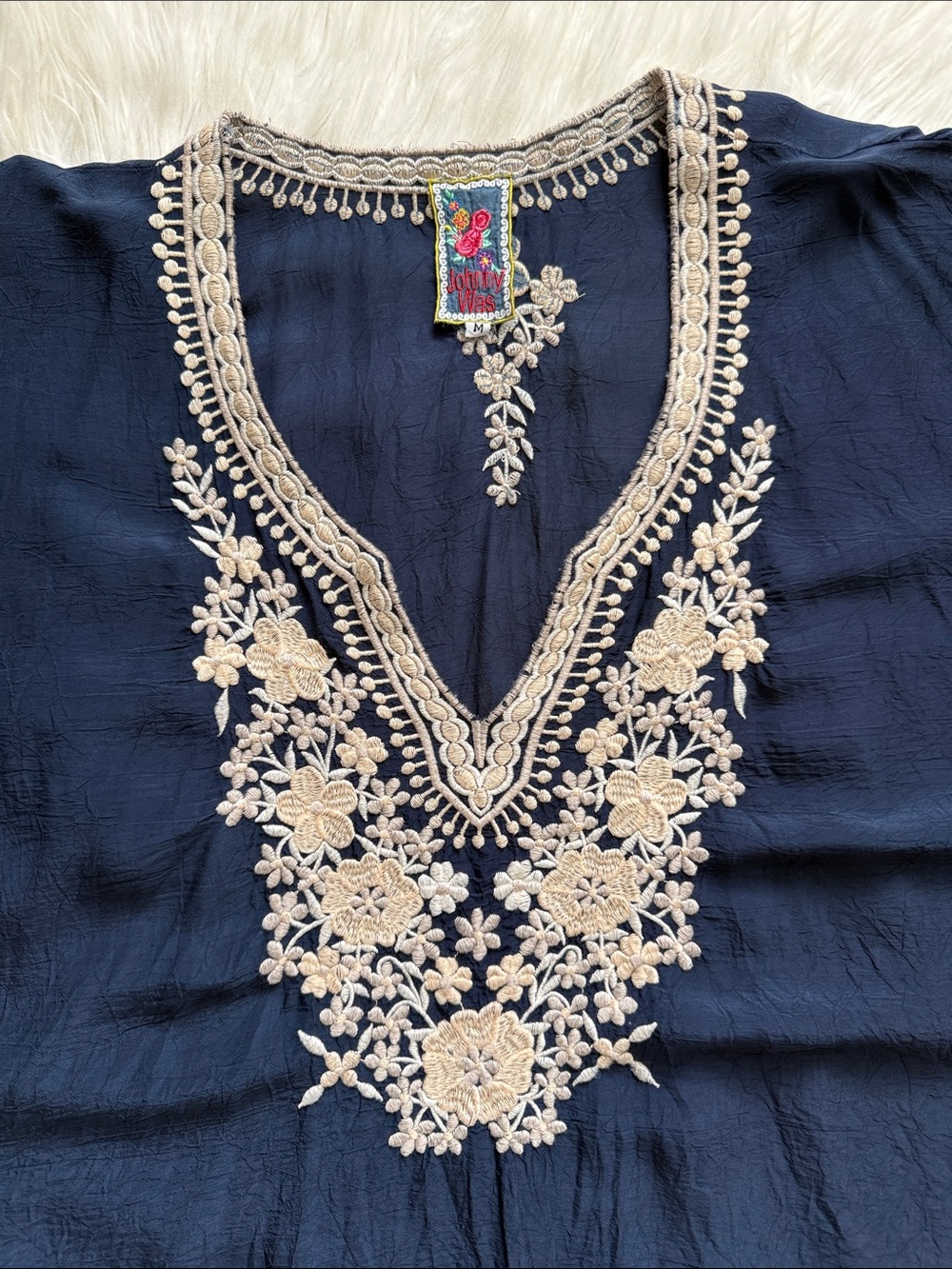 Johnny Was Embroidered Tunic/Blouse Oversized Navy Blue & cream Size M - Picture 5 of 10